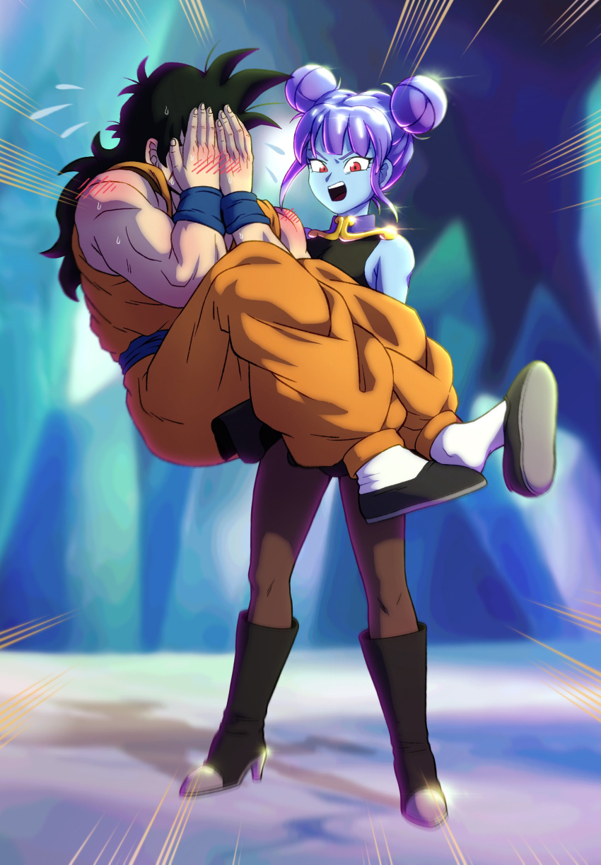 1boy 1girl absurdres bare_shoulders black_hair blue_hair blue_skin blush character_request chinese_clothes colored_skin couple covering covering_face double_bun dragon_ball dragon_ball_super dragon_ball_z embarrassed english_commentary full_body hair_bun hetero high_heels highres lifted_by_another looking_at_viewer muscular open_mouth pea-bean red_eyes socks speed_lines teeth upper_teeth wristband yamcha