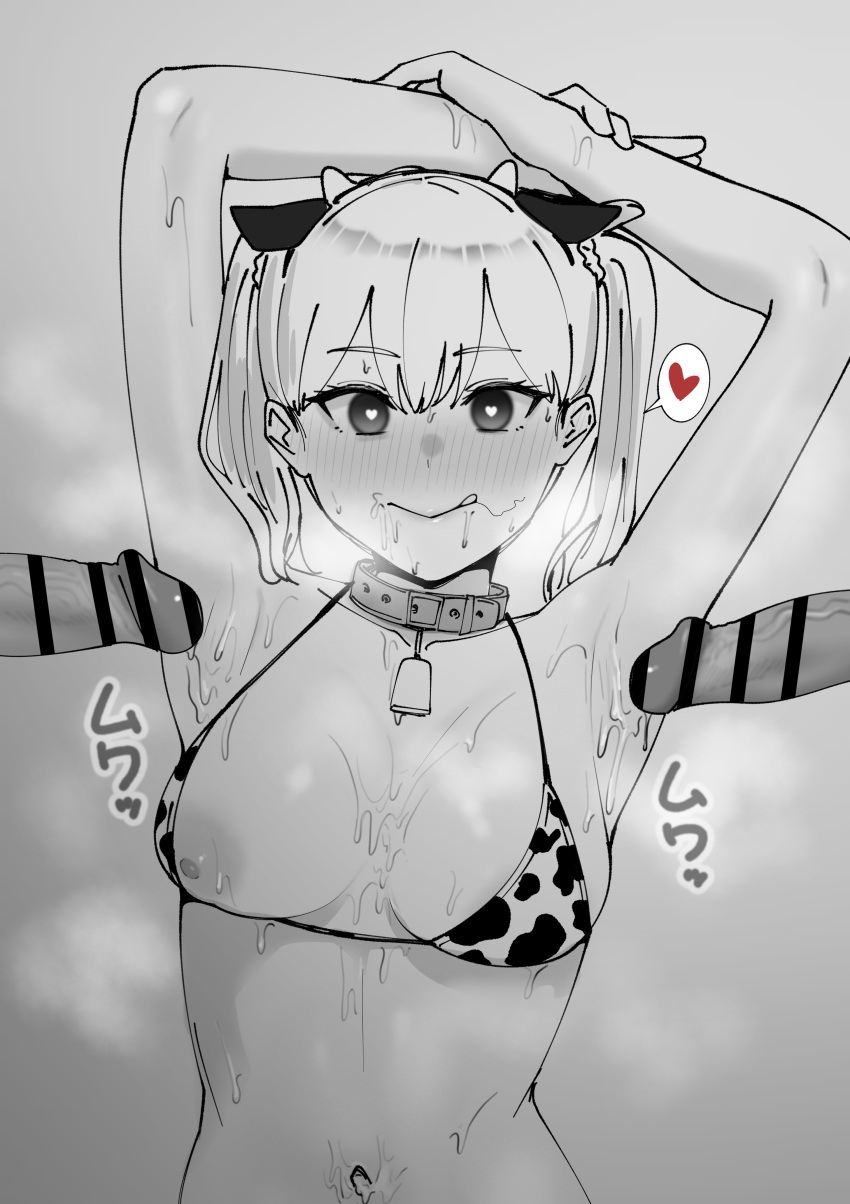 1girl :q absurdres animal_ears animal_print armpit_sex arms_up bangs bar_censor bell blush breasts censored collar cow_ears cow_horns cow_print erection greyscale heart heart-shaped_pupils hetero highres horns monochrome navel neck_bell nipple_slip nipples original penis smile solo stray_pubic_hair sweat symbol-shaped_pupils tantanmen72 tongue tongue_out twintails
