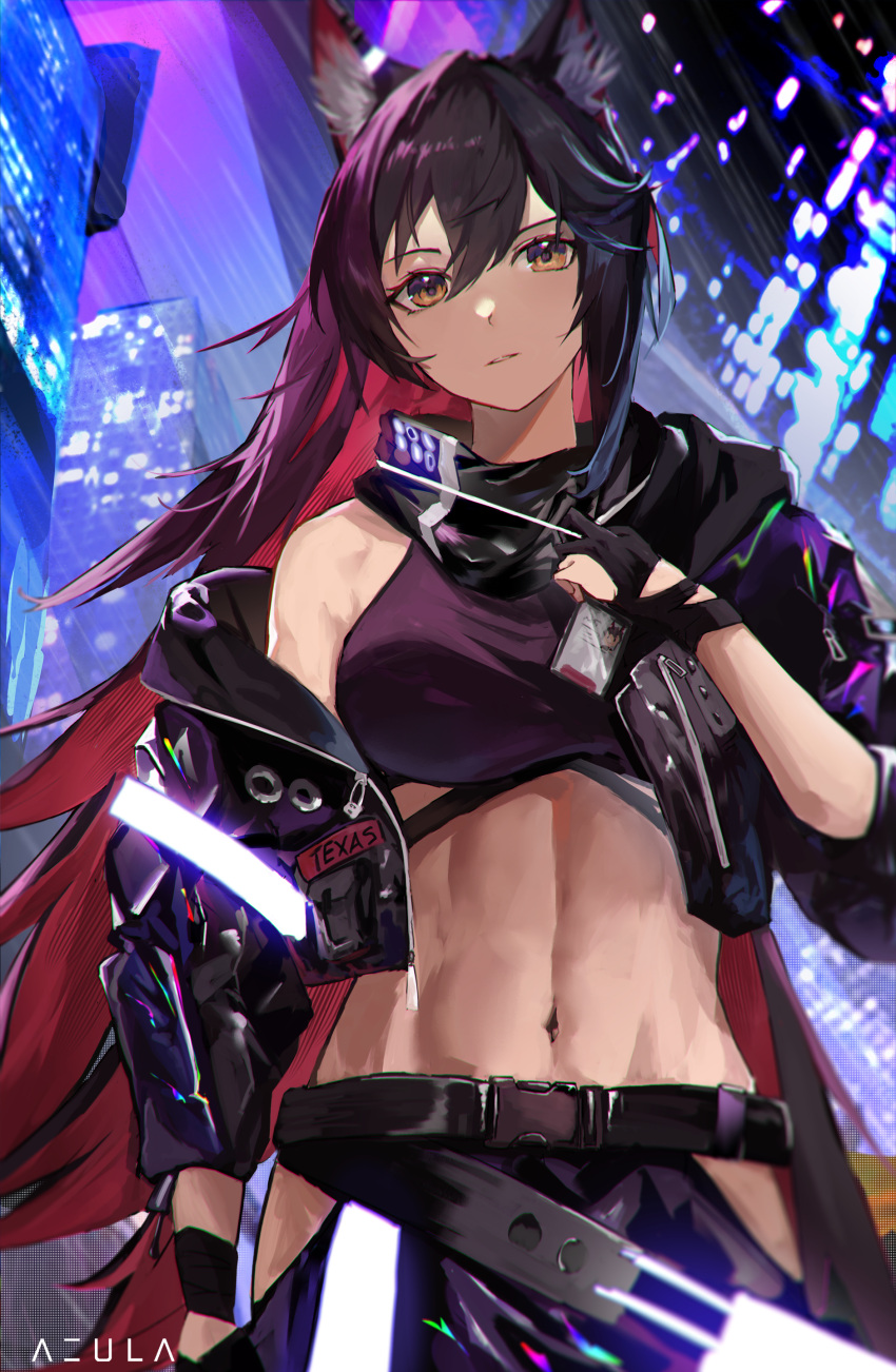 1girl absurdres ambience_synesthesia animal_ear_fluff animal_ears arknights az'ruler bangs bare_shoulders black_gloves black_hair black_pants breasts brown_eyes building city cowboy_shot crop_top gloves highres hip_vent large_breasts long_hair long_sleeves looking_at_viewer multicolored_hair navel neon_lights night off_shoulder official_alternate_costume outdoors pants parted_lips partially_fingerless_gloves red_hair smile solo stomach texas_(arknights) toned two-tone_hair very_long_hair wolf_ears