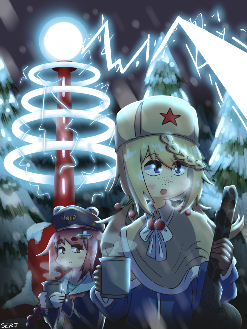 absurdres artist_name bangs blonde_hair blue_eyes blush braid brown_eyes closed_mouth command_and_conquer expressionless forest girls'_frontline gloves gun hair_ornament hairclip hat highres holding holding_gun holding_weapon long_hair long_sleeves multiple_girls nature open_mouth parody pink_hair pps-43_(girls'_frontline) ppsh-41 ppsh-41_(girls'_frontline) red_star serjatronic snowing submachine_gun telnyashka tesla_coil tree upper_body weapon white_gloves