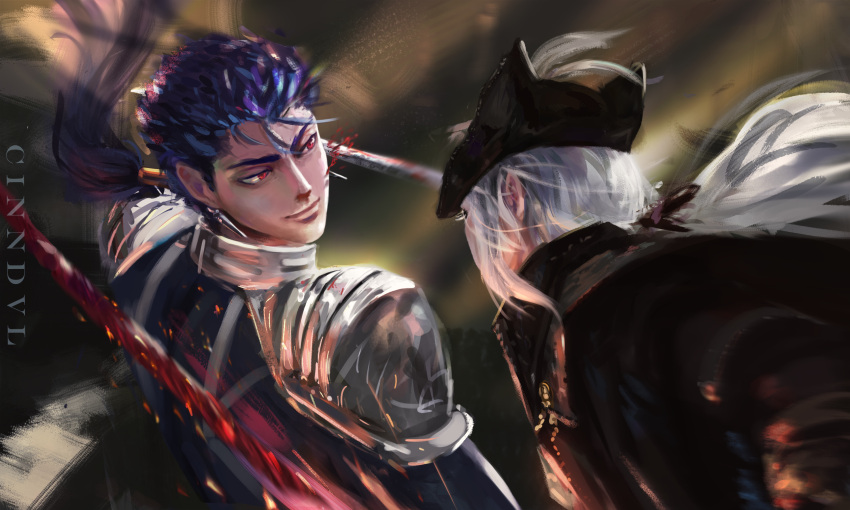 1boy 1girl armor ascot battle blood bloodborne blue_hair cinndvl crossover cu_chulainn_(fate) cu_chulainn_(fate/stay_night) earrings english_commentary fate/stay_night fate_(series) gae_bolg_(fate) hat highres jewelry lady_maria_of_the_astral_clocktower long_hair looking_at_another polearm ponytail rakuyo_(bloodborne) red_eyes simple_background smile spear tricorne weapon white_hair