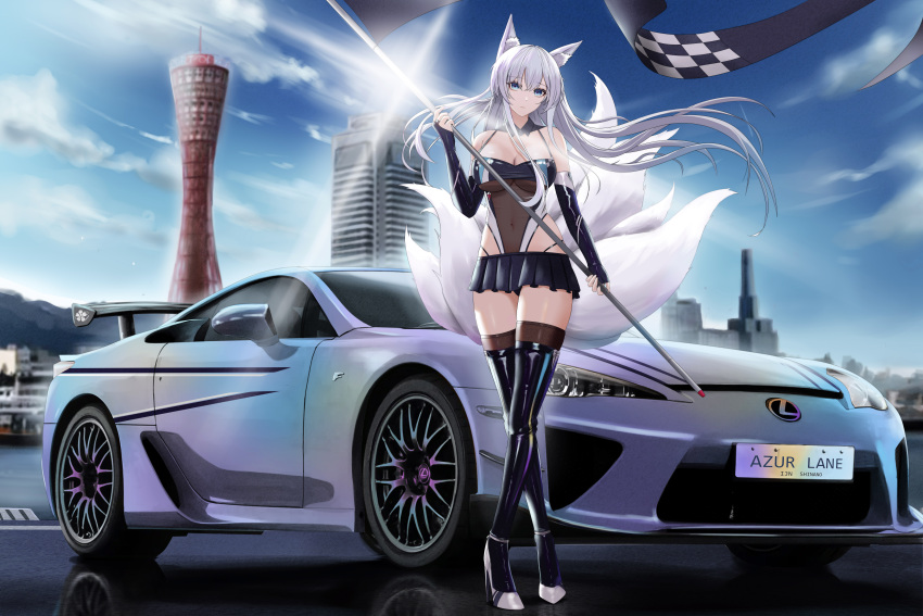 1girl absurdres azur_lane car checkered_flag cityscape commentary day elbow_gloves flag fox_girl fox_tail full_body gloves ground_vehicle high_heels highres kcar66t kobe kobe_port_tower leotard lexus lexus_lfa miniskirt motor_vehicle multiple_tails official_alternate_costume pleated_skirt product_placement race_queen real_world_location shinano_(azur_lane) skirt spoiler_(automobile) tail thighhighs