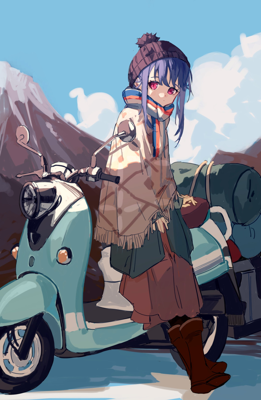 1girl absurdres bangs black_headwear blanket blue_hair blue_sky boots brown_footwear brown_skirt commentary ground_vehicle highres kurattes long_skirt looking_at_viewer motor_vehicle motorcycle mountainous_horizon pink_eyes scarf shima_rin sidelocks skirt sky sleeping_bag solo striped striped_scarf woollen_cap yamaha_vino yurucamp