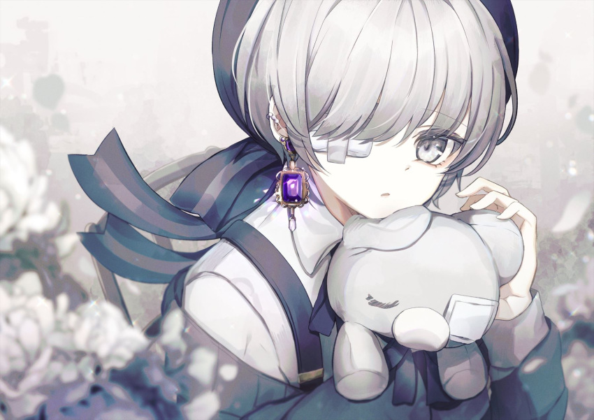 blurry blurry_foreground chair earrings eyepatch grey_background grey_eyes grey_hair highres jewelry mogmogyasai original piercing short_hair sitting stuffed_animal stuffed_toy suspenders teddy_bear upper_body