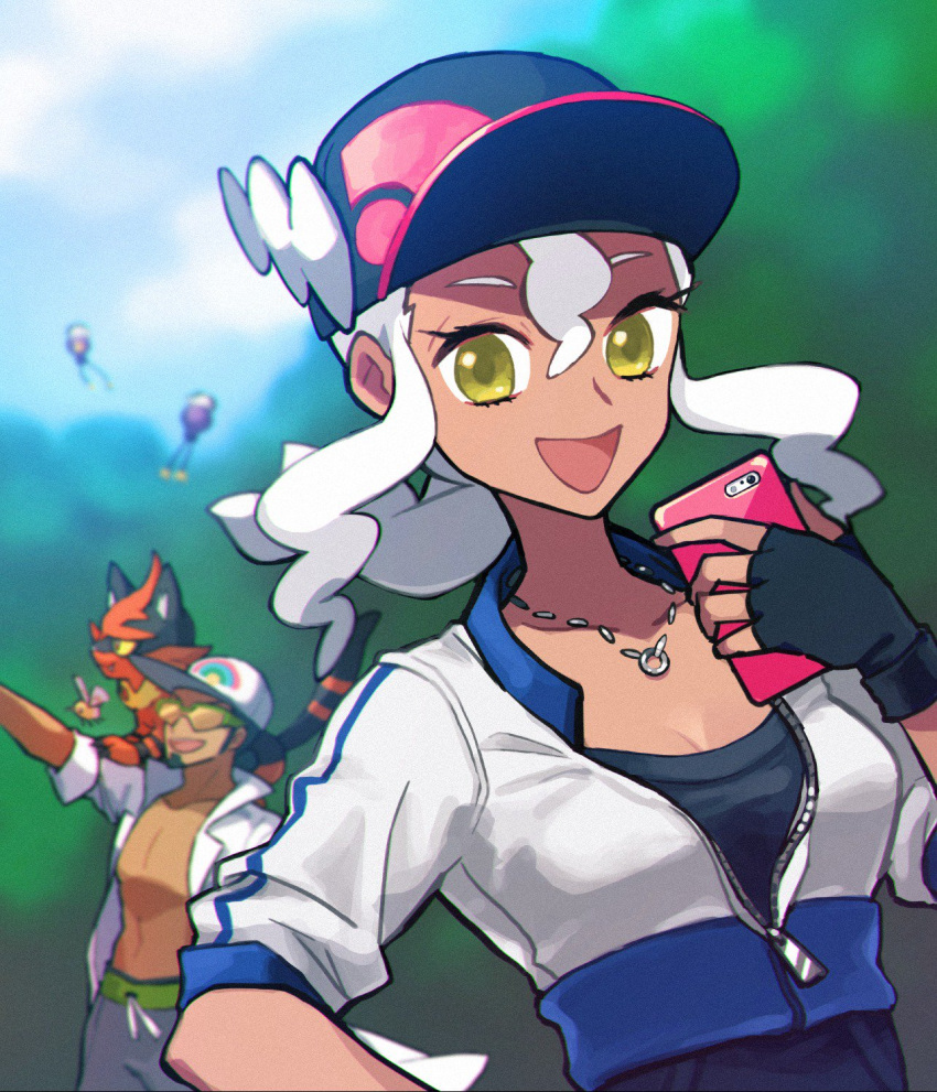 1boy 1girl baseball_cap blurry blurry_background breasts burnet_(pokemon) cleavage cosplay cutiefly dark-skinned_female dark-skinned_male dark_skin day drifloon female_protagonist_(pokemon_go) female_protagonist_(pokemon_go)_(cosplay) fingerless_gloves flying gloves green_eyes hat highres husband_and_wife jewelry kukui_(pokemon) labcoat looking_at_viewer mayuzumi necklace on_shoulder open_labcoat open_mouth pokemon pokemon_(creature) pokemon_(game) pokemon_go pokemon_on_shoulder pokemon_sm sky smile sunglasses torracat tree white_hair