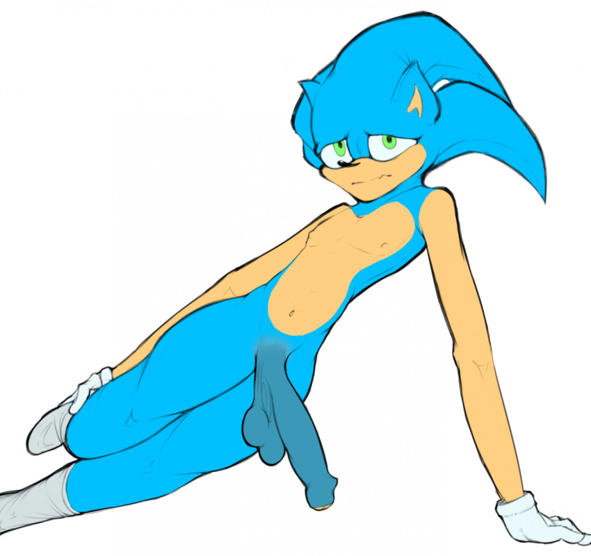 anthro clothing colored embarrassed flaccid footwear foreskin genitals gloves green_eyes handwear hi_res male penis sega socks solo sonic_the_hedgehog sonic_the_hedgehog_(series) stretching vocabulary