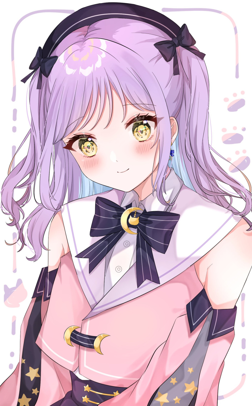 1girl blue_hair blush closed_mouth colored_inner_hair crescent earrings half_updo hat highres jewelry long_hair long_sleeves looking_at_viewer multicolored_hair purple_hair shain shinomiya_runa solo star_(symbol) twintails virtual_youtuber vspo! white_background yellow_eyes
