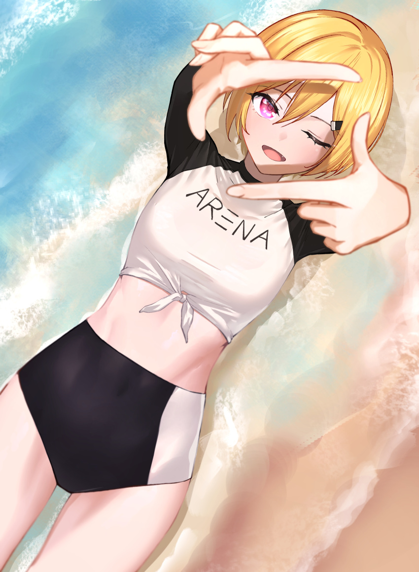 1girl absurdres bangs beach bikini_shorts blonde_hair breasts covered_navel fang finger_frame hair_ornament hairclip highres idolmaster idolmaster_shiny_colors long_sleeves lying on_back one_eye_closed open_mouth outstretched_arms pink_eyes reaching_out saijo_juri sandals shirt short_hair shorts sjuno small_breasts smile solo tied_shirt water