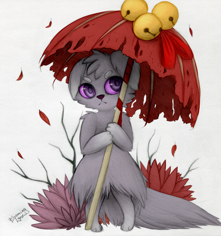 2019 absurd_res ambiguous_gender anthro bloominglynx cheek_tuft espurr facial_tuft floppy_ears fluffy fluffy_tail fur generation_6_pokemon glistening glistening_eyes grey_body grey_ears grey_fur grey_head_tuft grey_tail head_tuft hi_res holding_object holding_umbrella leaf looking_aside mouth_closed nintendo pink_sclera plant pokemon pokemon_(species) purple_eyes shoulder_tuft shrub signature solo traditional_media_(artwork) tuft umbrella video_games