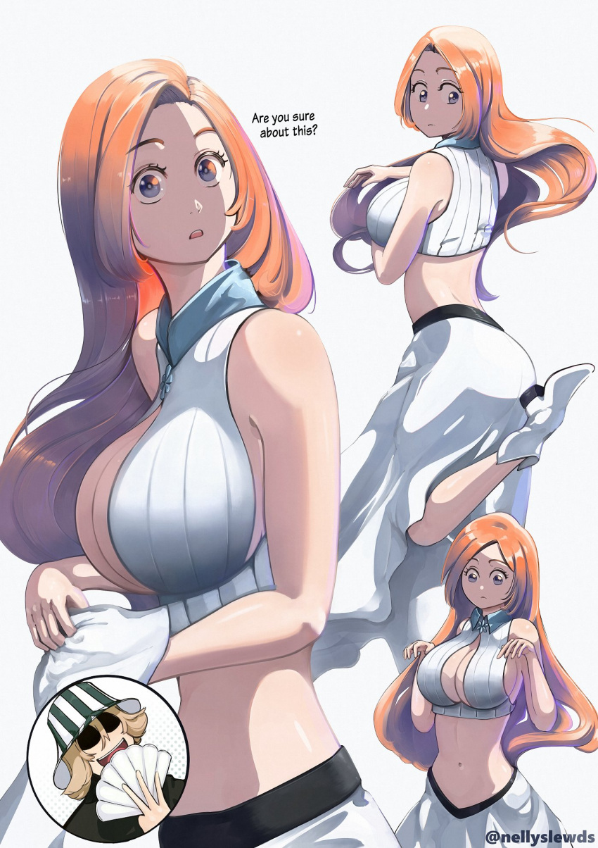 bleach bleach:_the_thousand-year_blood_war blonde_hair breasts brown_eyes cleavage cleavage_cutout clothing_cutout collar english_text forehead grey_eyes hat highres inoue_orihime large_breasts long_hair midriff modeling navel nellyslewds open_mouth orange_hair shoes skirt urahara_kisuke