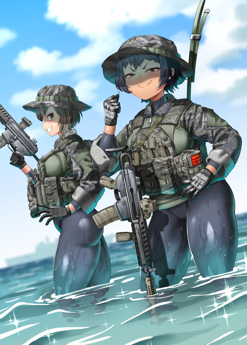 2girls absurdres black_hair black_wetsuit blue_eyes brown_eyes cloud day gloves gun hat highres kirochef looking_at_viewer multiple_girls original outdoors rifle skin_tight smirk south_korea standing tactical_clothes wading walking water weapon wet wet_clothes