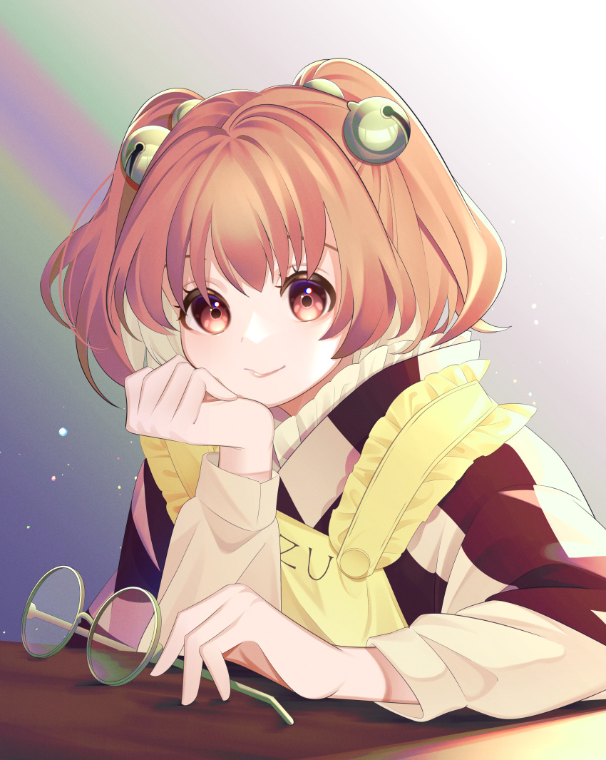1girl absurdres apron bangs bell brown_eyes brown_hair closed_mouth clothes_writing commentary_request glasses guumin hair_bell hair_ornament head_rest highres holding holding_eyewear japanese_clothes jingle_bell kimono looking_at_viewer motoori_kosuzu rainbow red_kimono round_eyewear short_hair smile solo touhou two_side_up upper_body white_kimono yellow-framed_eyewear yellow_apron