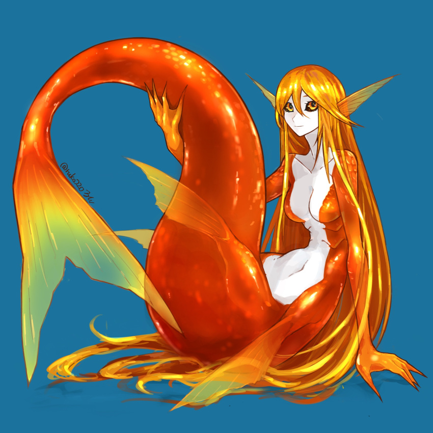 1girl black_sclera blue_background closed_mouth colored_sclera colored_skin completely_nude fingernails fins full_body head_fins highres holding_own_tail holding_tail long_hair looking_at_viewer mermaid monster_girl nude orange_eyes orange_hair orange_scales orange_skin original ruteko_(ruko220) scales sharp_fingernails simple_background smile solo tail tail_raised twitter_username very_long_hair webbed_hands white_skin yellow_eyes