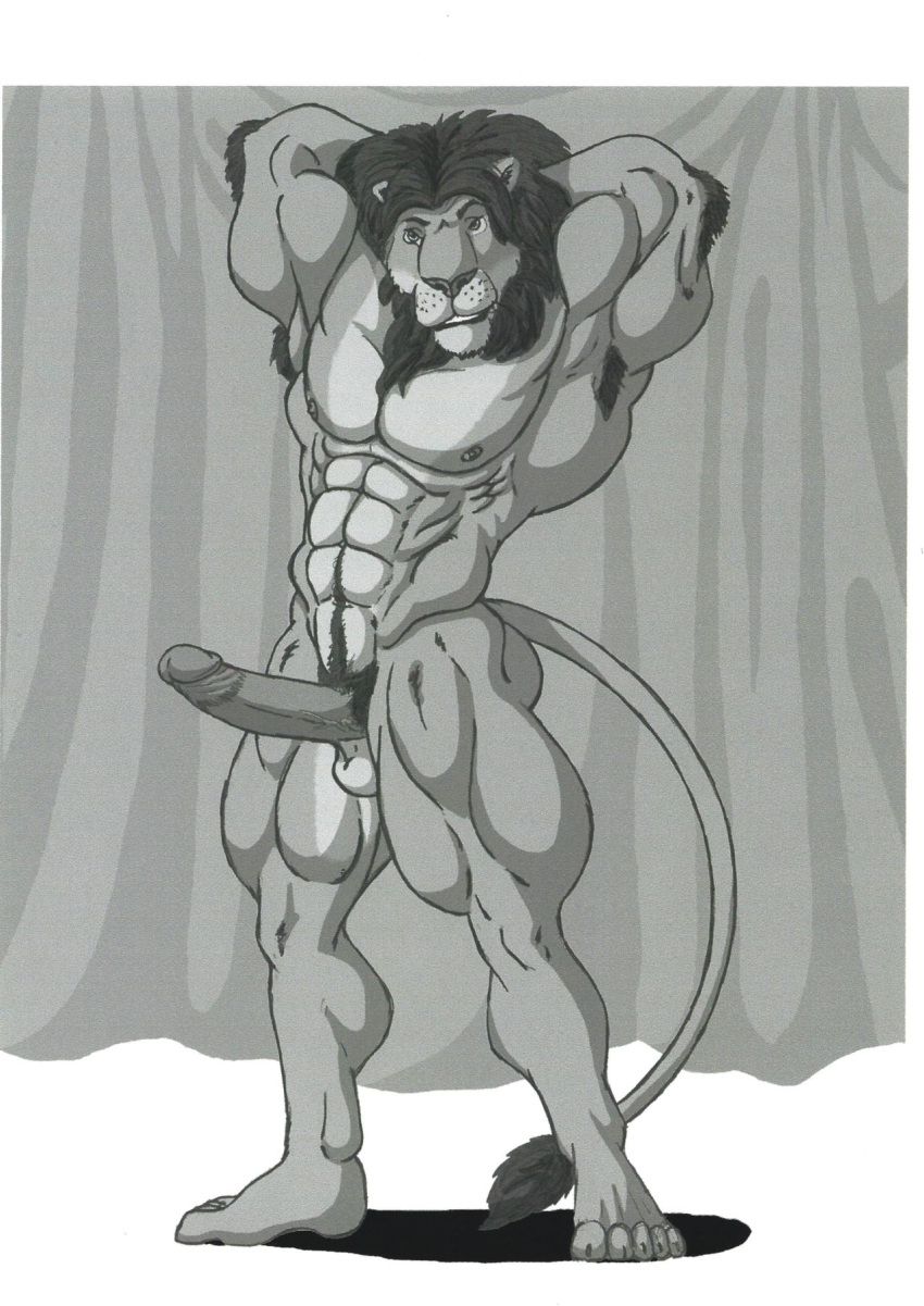 anthro armpit_hair big_penis body_hair claws curtains felid genitals hi_res humanoid lion male mammal mane muscular muscular_male pantherine penis solo sudonym tail_tuft tuft