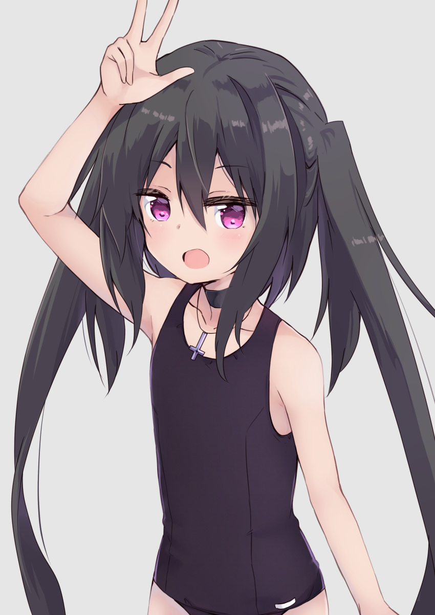 1girl :d absurdres amano_kouki arm_up bangs bare_arms bare_shoulders black_choker black_hair black_one-piece_swimsuit blush choker collarbone commentary_request cross cross_necklace grey_background hair_between_eyes highres jewelry latin_cross long_hair looking_at_viewer necklace note-chan one-piece_swimsuit original purple_eyes school_swimsuit simple_background single_hair_intake smile solo swimsuit twintails very_long_hair