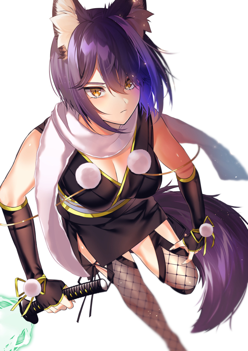1girl animal_ear_fluff animal_ears bangs bare_shoulders black_gloves black_kimono breasts brown_eyes brown_thighhighs cleavage closed_mouth commentary_request copyright_request elbow_gloves energy_sword feet_out_of_frame fingerless_gloves fishnet_thighhighs fishnets gloves hair_between_eyes highres holding holding_sword holding_weapon japanese_clothes kimono looking_at_viewer medium_breasts monaka_natsume obi official_art purple_hair sash simple_background sleeveless sleeveless_kimono solo standing standing_on_one_leg sword tail thick_eyebrows thighhighs weapon white_background wolf_ears wolf_girl wolf_tail