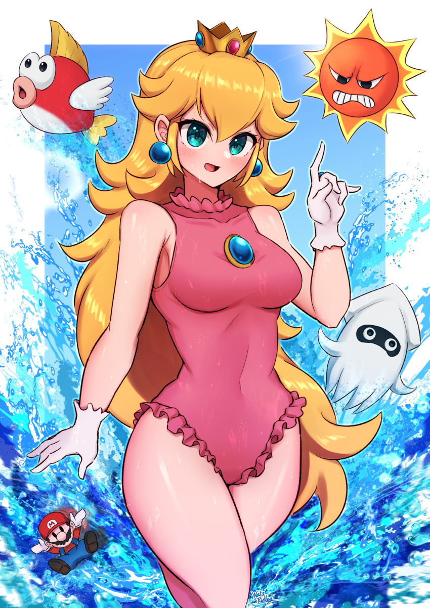 1girl angry_sun blonde_hair blooper_(mario) blue_eyes blush breasts brooch cheep_cheep commentary covered_navel crown dripping earrings frilled_swimsuit frills gloves highres jewelry large_breasts long_hair mario mario_(series) narrow_waist one-piece_swimsuit open_mouth pale_skin pink_one-piece_swimsuit princess_peach swimsuit thighs wakaba_(wata_ridley) water wet white_gloves wide_hips