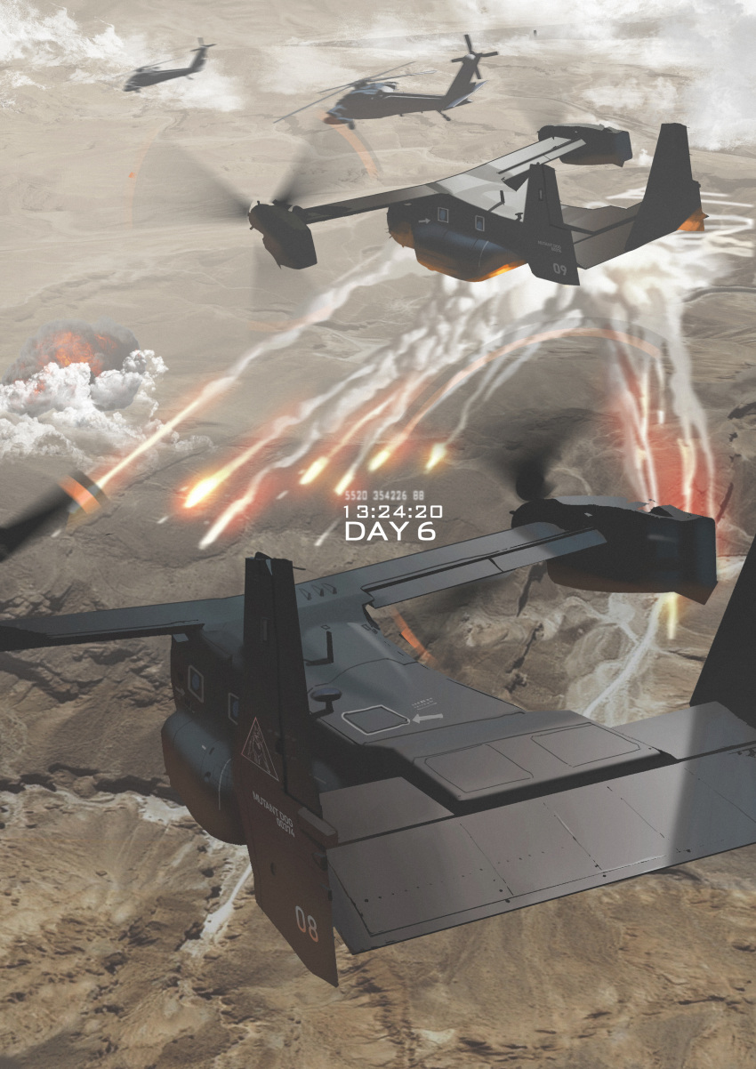 absurdres aircraft black_soldier day desert explosion flare flying helicopter highres military military_vehicle no_humans original outdoors rotor vehicle_focus