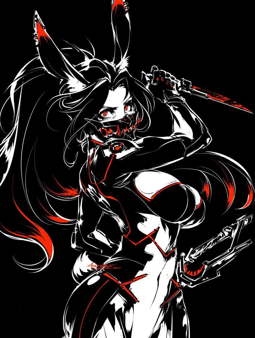 absurdres andyface animal_ears breasts constricted_pupils dagger highres knife large_breasts long_hair looking_at_viewer mask navel orange_eyes original ponytail rabbit_ears skin_tight smile spot_color sword weapon