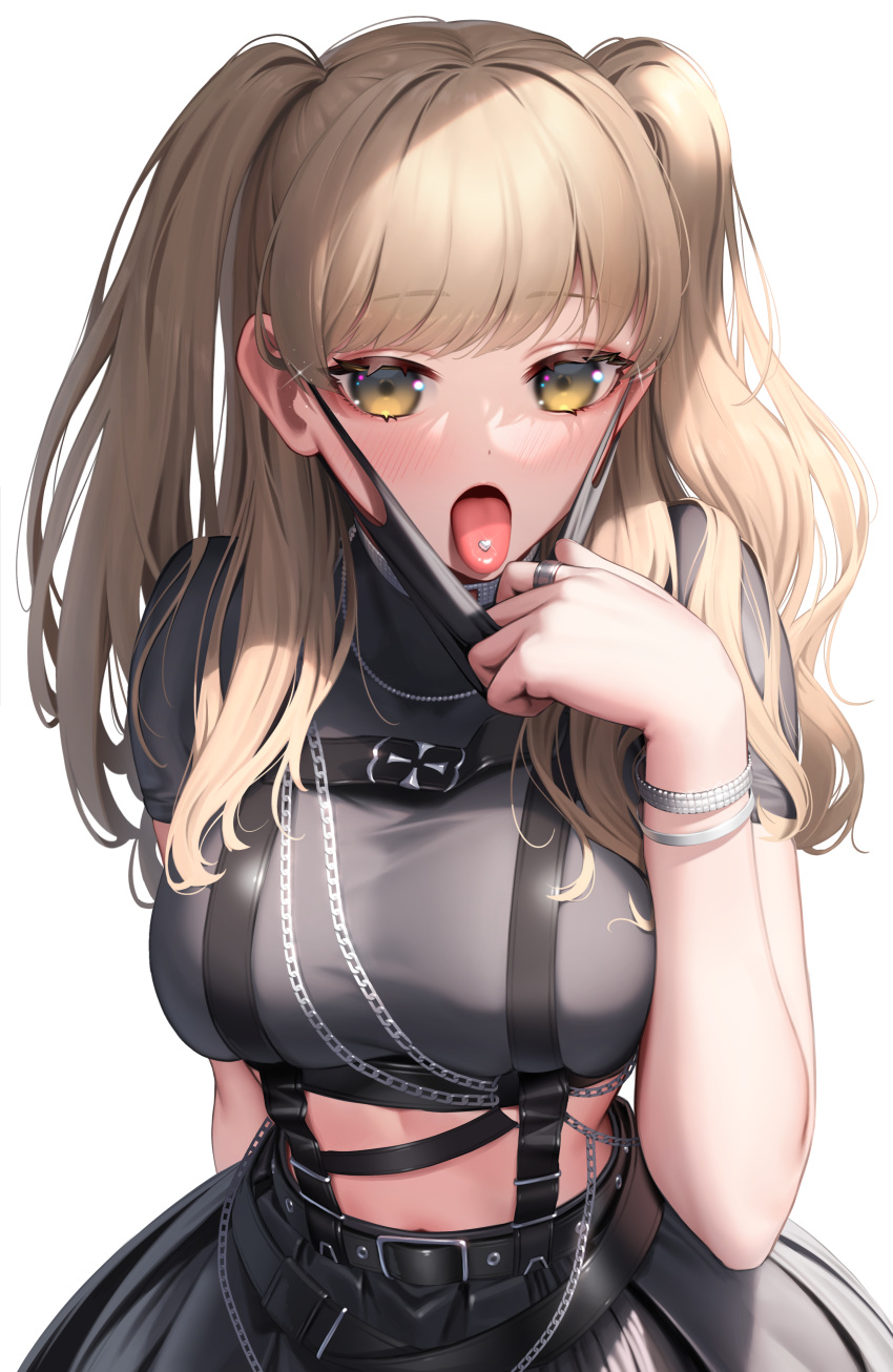 1girl absurdres blonde_hair bracelet breasts highres jewelry large_breasts long_hair looking_at_viewer mask_pull nijisanji open_mouth piercing ring simple_background sister_cleaire solo suraimu_(suraimuraimu) tongue tongue_out tongue_piercing two_side_up virtual_youtuber white_background yellow_eyes