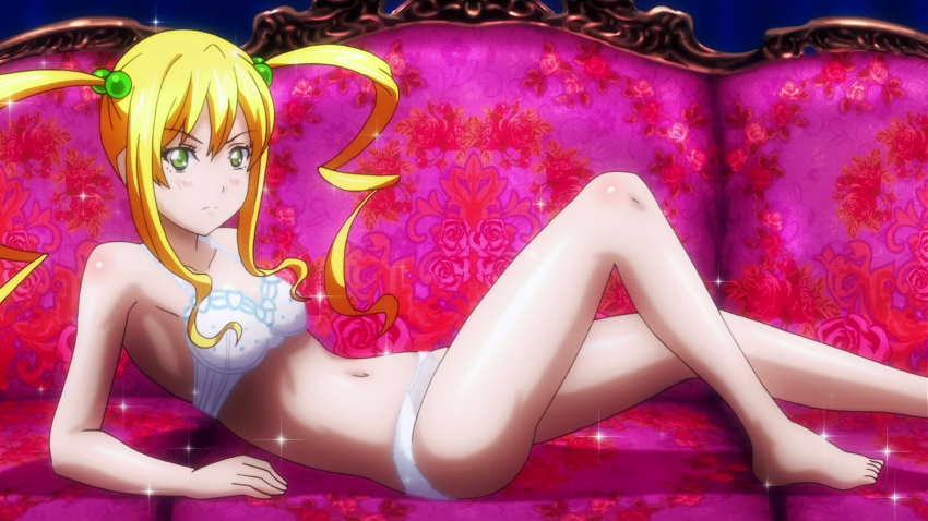 1girl bare_arms bare_legs barefoot blonde_hair blush bra breasts closed_mouth collarbone couch eyecatch frown green_eyes highres himegami_kodama lingerie long_hair lying maken-ki! navel on_back panties sidelocks small_breasts solo sparkle twintails underwear underwear_only white_bra white_panties