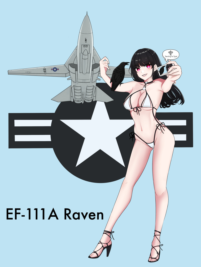 1girl absurdres aircraft airplane artist_request atamonica_(style) bare_shoulders bikini bird black_hair breasts cellphone collarbone commission crow f-111_aardvark fighter_jet grin groin high_heels highres jet large_breasts long_hair military military_vehicle navel original personification phone pink_eyes second-party_source selfie smartphone smile solo swimsuit united_states_air_force