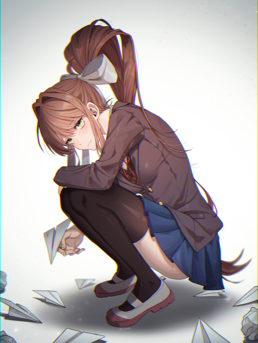 1girl black_thighhighs blazer blue_skirt bow brown_hair brown_jacket crumpled_paper doki_doki_literature_club from_side frown full_body green_eyes hair_ribbon highres holding holding_paper holding_paper_airplane jacket korean_commentary long_hair looking_at_viewer monika_(doki_doki_literature_club) onyang over-kneehighs paper paper_airplane ponytail ribbon school_uniform shoes simple_background skirt solo squatting thighhighs unhappy uwabaki white_background white_footwear white_ribbon