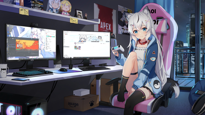 1girl amazon_(company) animal_ears apex_legends asymmetrical_legwear between_legs black_thighhighs blue_eyes blue_hoodie box cardboard_box cd_case cellphone chair character_doll chemise cityscape computer controller cup dog_ears dog_girl dog_tail frilled_chemise game_controller gaming_chair hand_between_legs hasuki_aoi highres hood hood_down hoodie indie_virtual_youtuber indoors isaya_(pixiv4541633) keyboard_(computer) long_hair long_sleeves looking_at_viewer mismatched_legwear monitor mouse_(computer) mug night open_clothes open_hoodie paw_print phone single_thighhigh smartphone smile steam_(platform) tail thighhighs virtual_youtuber white_hair window windows