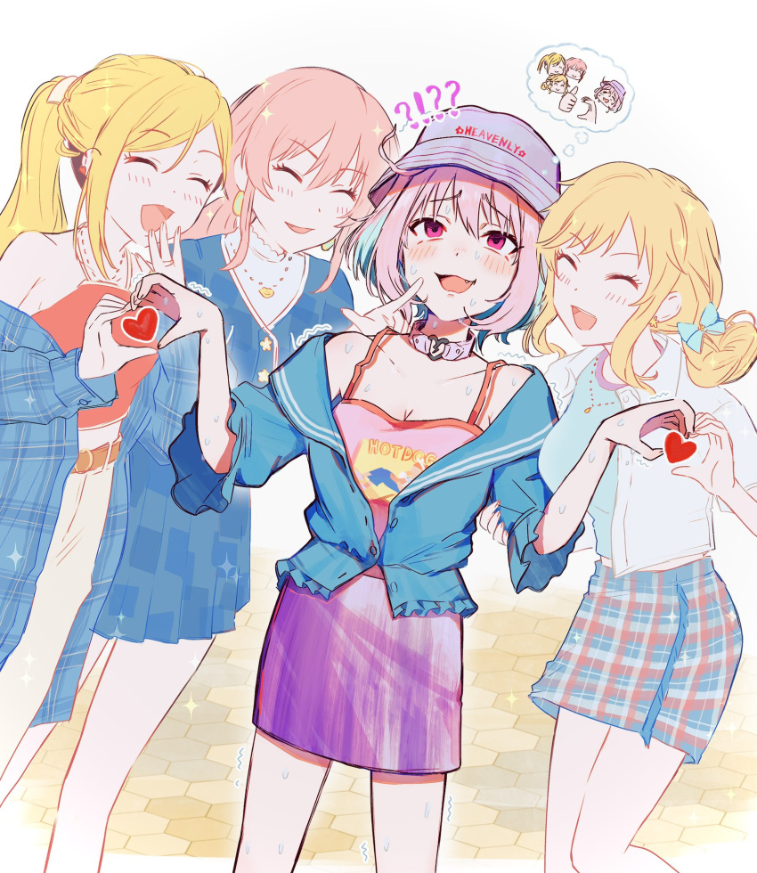 !? 4girls bangs bare_shoulders blonde_hair blue_hair breasts camisole cleavage closed_eyes collar collarbone dot_nose earrings english_text fang fujimoto_rina furrowed_brow hair_between_eyes hamachamu hand_on_another's_arm hat heart heart_hands highres idolmaster idolmaster_cinderella_girls idolmaster_cinderella_girls_starlight_stage jewelry jougasaki_mika long_sleeves multicolored_hair multiple_girls necklace official_alternate_costume ohtsuki_yui open_mouth pink_eyes pink_hair plaid plaid_skirt pointing pointing_at_another print_camisole purple_skirt raised_eyebrows ring skirt smile sparkle standing star_(symbol) star_earrings sweat teeth thighs thought_bubble trembling two-tone_hair upper_teeth yumemi_riamu