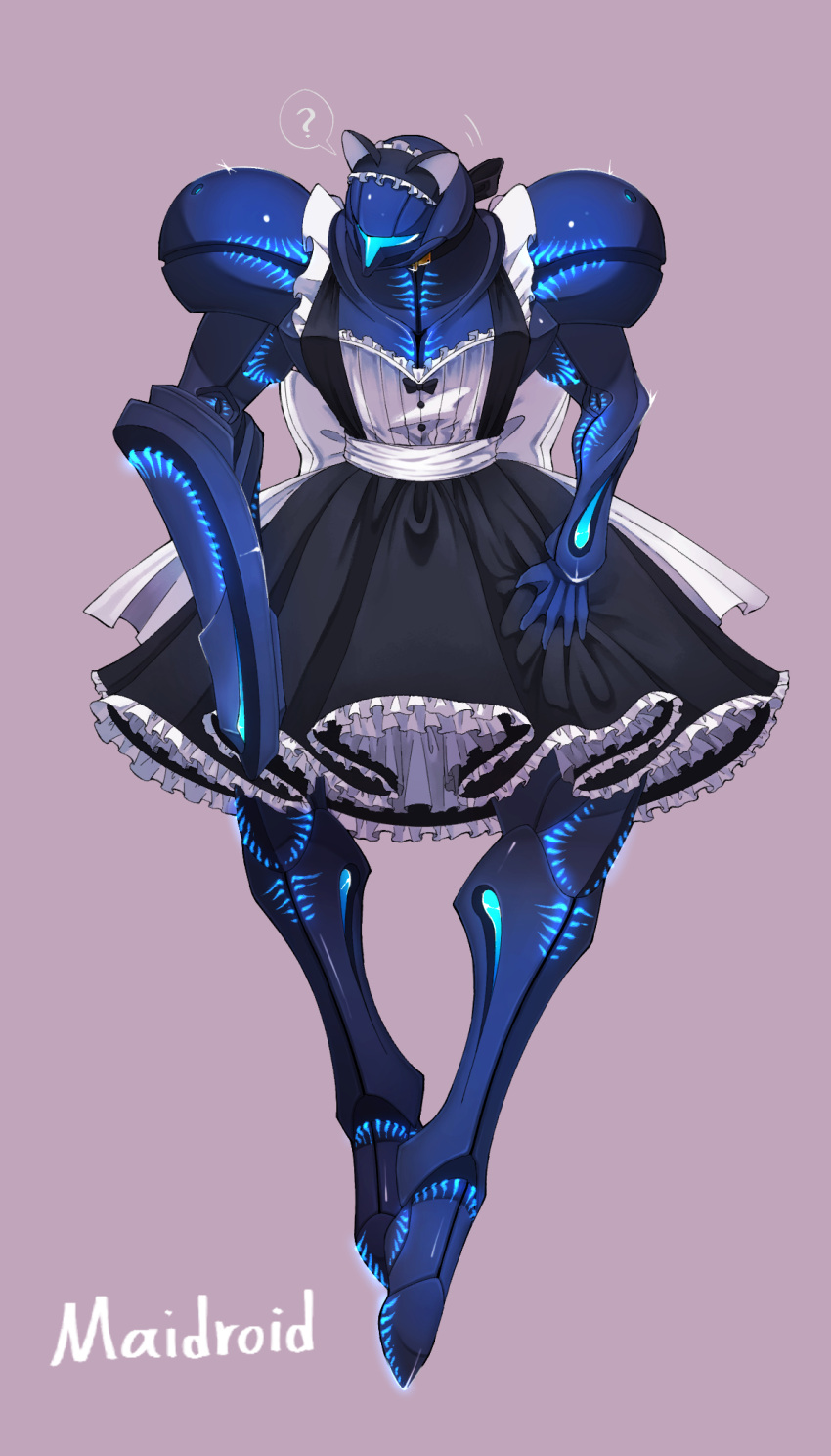 1girl animal_ears apron arm_cannon armor artist_request cat_ears dark_samus dress frills helmet highres maid maid_headdress metroid metroid_2:_return_of_samus metroid_prime simple_background solo weapon