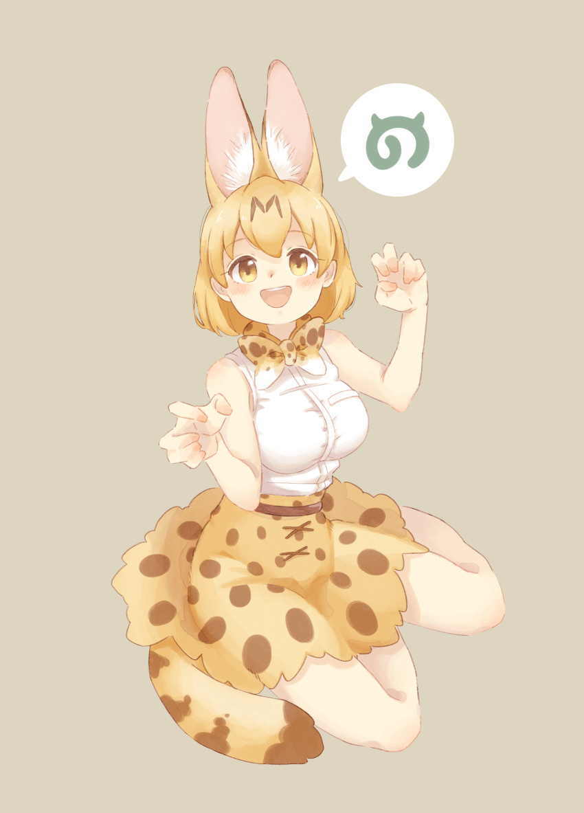 0nanaten 1girl absurdres animal_ears bare_arms bare_legs bare_shoulders blonde_hair bow bowtie brown_hair cat_ears cat_girl cat_tail claw_pose commentary_request extra_ears high-waist_skirt highres japari_symbol kemono_friends long_sleeves looking_at_viewer multicolored_hair print_bow print_bowtie print_skirt serval_(kemono_friends) serval_print shirt short_hair sitting skirt solo tail white_shirt yellow_eyes