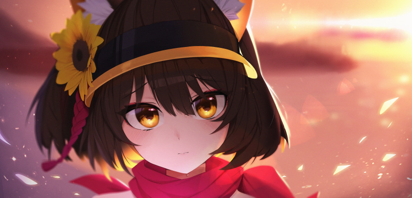 1girl animal_ear_fluff animal_ears bangs bare_shoulders black_hair blue_archive blurry blurry_background brown_eyes brown_headwear closed_mouth commentary depth_of_field flower fox_ears hair_between_eyes hair_flower hair_ornament highres izuna_(blue_archive) izuna_(swimsuit)_(blue_archive) kyudong. looking_at_viewer portrait solo sunflower visor_cap wet wet_hair yellow_flower