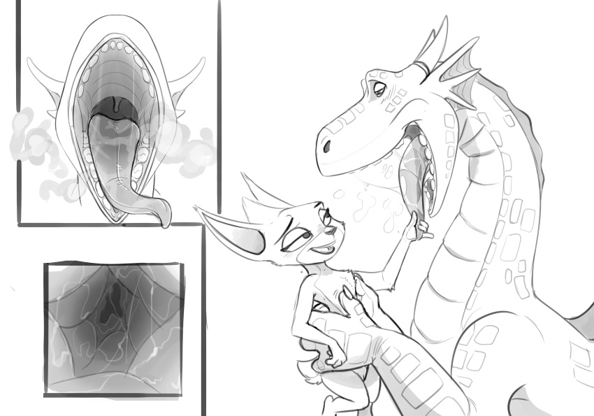 2022 anthro black_and_white bodily_fluids brownie_(creature) comic dragon dragon_rider_(film) duo female feral genitals greyscale half-closed_eyes hi_res male monochrome narrowed_eyes open_mouth pussy saliva salivating simple_background sorrel_(dragon_rider) teeth tongue tongue_grab tongue_out uvula vore white_background wugi