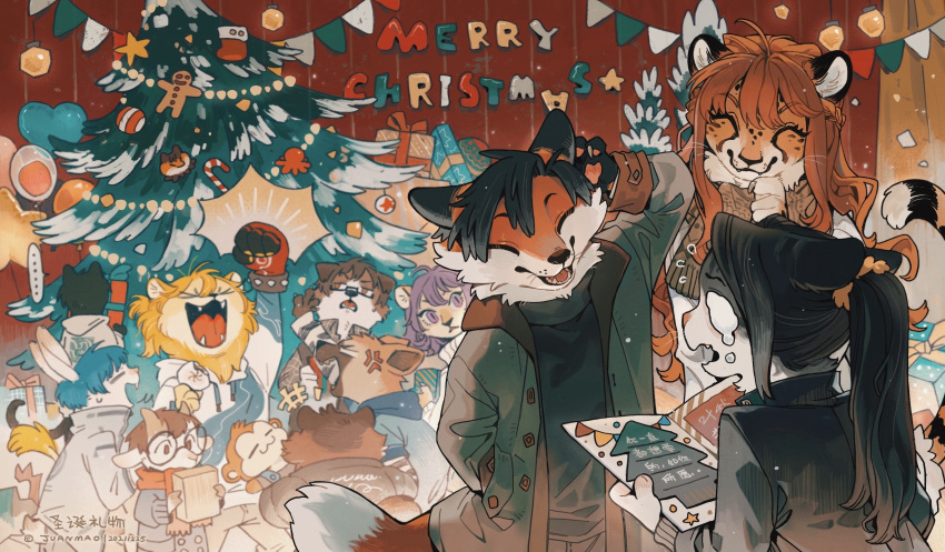 ... 2021 2_horns absurd_res alternate_species an_wenyi_(tka) anthro bao_rongxing_(tka) black_body black_fur black_hair blue_hair bodily_fluids bovid canid canine canis caprine cheetah chen_guo_(tka) christmas christmas_tree clothed clothing countershade_face countershade_fur countershading domestic_cat domestic_dog english_text eyes_closed eyewear fang_rui_(tka) felid feline felis female fox fur glasses goat group hair happy hi_res holidays horn hyaenid inner_ear_fluff juanmao1997 lagomorph leporid lion long_hair luo_ji_(tka) male mammal mo_fan_(tka) open_mouth open_smile orange_body orange_fur pantherine plant qiao_yifan_(tka) rabbit smile su_mucheng_(tka) tang_rou_(tka) tears text the_king's_avatar tree tuft wei_chen_(tka) ye_xiu_(tka)