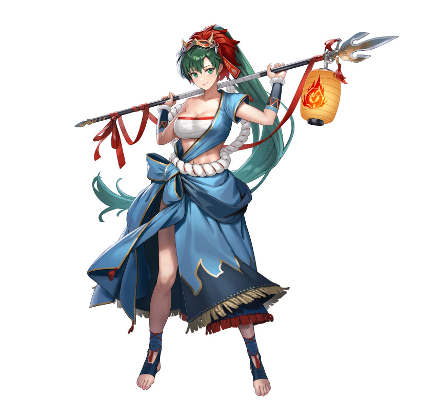 1girl absurdres bandages bandeau bangs blue_shirt blue_skirt breasts chest_sarashi cleavage commentary_request cuboon fire_emblem fire_emblem:_the_blazing_blade fire_emblem_heroes full_body green_eyes green_hair hands_up highres holding holding_polearm holding_weapon japanese_clothes lantern large_breasts lips long_hair looking_at_viewer lyn_(fire_emblem) mask mask_on_head midriff navel official_alternate_costume official_art paper_lantern polearm ponytail rope_belt sarashi shirt short_sleeves side_slit simple_background single-shoulder_shirt single_bare_shoulder single_sleeve skirt skirt_set smile solo spear standing stomach strapless tube_top very_long_hair weapon white_background