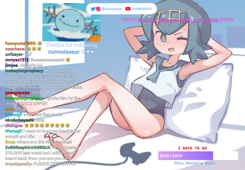 1girl armpits arms_behind_head arms_up ass bangs barefoot blue_eyes blue_hair blue_one-piece_swimsuit blue_sailor_collar bright_pupils collarbone controller covered_navel crossed_legs dot_nose english_commentary english_text flat_chest full_body game_controller hair_between_eyes hair_ornament highres indoors instagram_logo lana_(pokemon) light_blush livestream looking_at_viewer medium_hair mixed-language_commentary no_sclera on_bed one_eye_closed open_mouth orange_peel_(artist) pillow pokemon pokemon_(game) pokemon_sm sailor_collar sailor_shirt school_swimsuit shirt sidelocks sitting sleeveless sleeveless_shirt smile solo swimsuit twitter_logo white_pupils white_shirt wooper youtube_logo