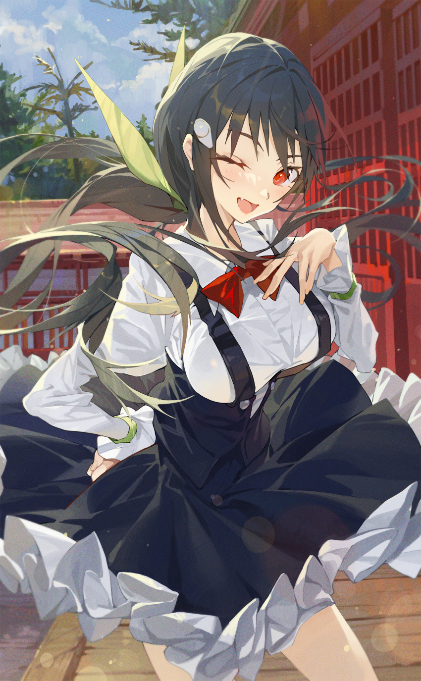 1girl :d absurdres aged_up bangs black_hair black_skirt blue_sky blush bow bowtie breasts cloud cloudy_sky cowboy_shot day fang frilled_skirt frills hachikuji_mayoi hair_ornament hairclip hand_on_hip hand_on_own_chest highres hxxg large_breasts long_sleeves looking_at_viewer monogatari_(series) one_eye_closed open_mouth outdoors red_bow red_eyes shiny shiny_hair shirt skirt sky smile solo standing suspender_skirt suspenders torii tree white_shirt wooden_floor