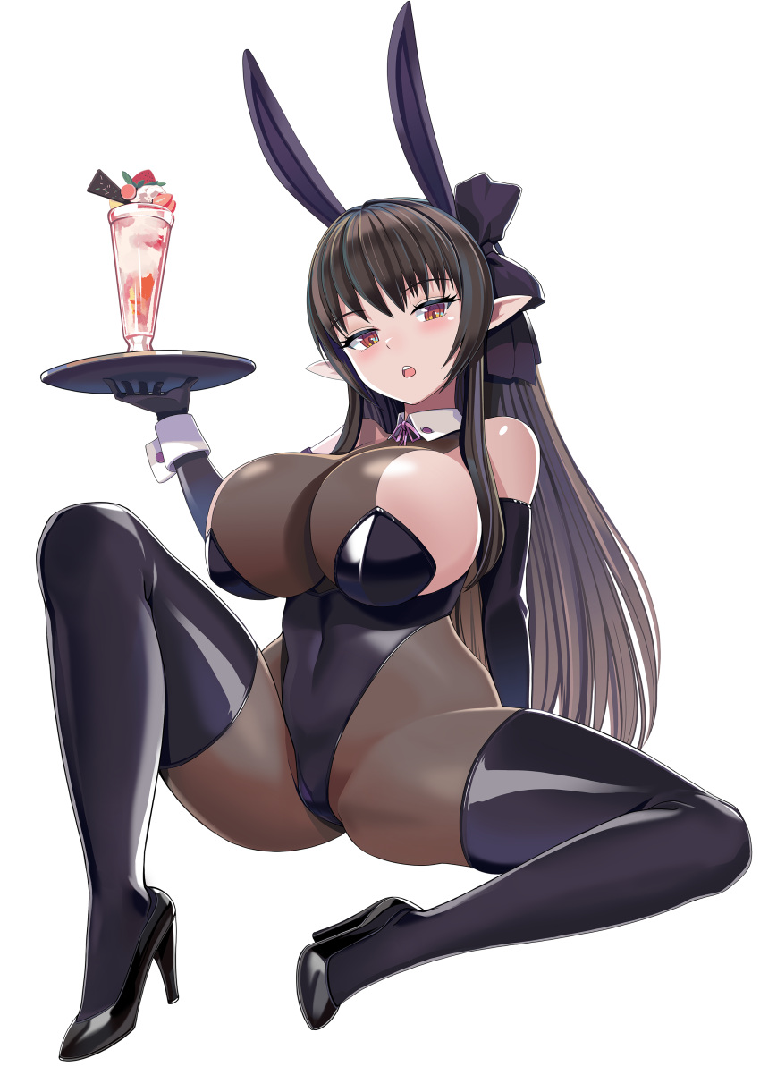 1girl absurdres animal_ears ass bangs bare_shoulders black_bow black_footwear black_hair black_pantyhose black_thighhighs bow breasts chocolate commentary_request commission covered_navel dot_nose drink elbow_gloves fake_animal_ears food fruit gloves hair_bow high_heels highleg highleg_leotard highres holding holding_tray huge_breasts knee_up legs_folded leotard long_hair looking_at_viewer open_mouth original pantyhose partial_bodysuit playboy_bunny pointy_ears red_eyes scvready simple_background solo spread_legs strawberry strawberry_parfait teeth thighhighs thighs tray upper_teeth whipped_cream white_background wrist_cuffs