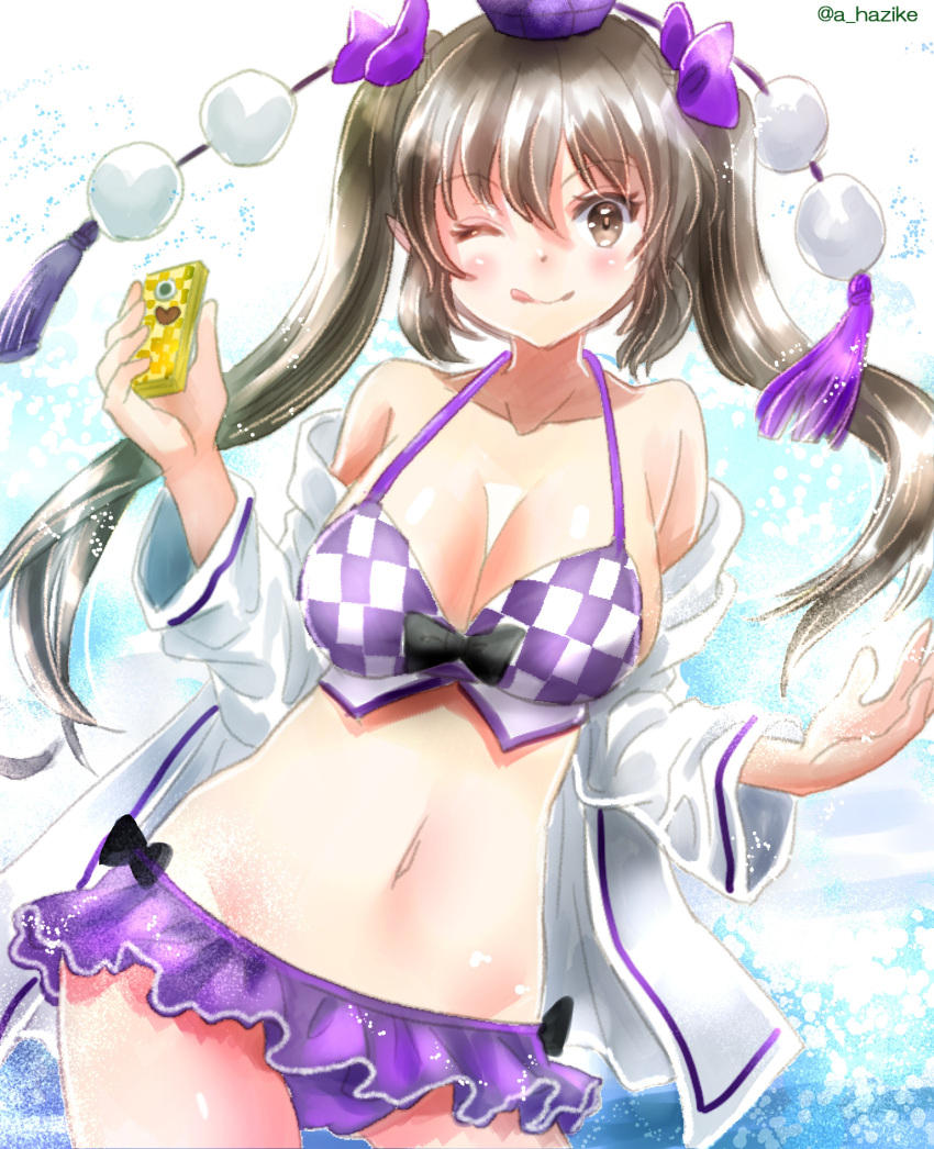1girl bikini blush breasts brown_eyes brown_hair checkered_bikini checkered_clothes cleavage closed_mouth collarbone cowboy_shot groin hair_between_eyes hajike_akira hat highres himekaidou_hatate holding holding_phone large_breasts long_hair navel one-hour_drawing_challenge one_eye_closed phone purple_headwear smile solo swimsuit tokin_hat tongue tongue_out touhou twintails
