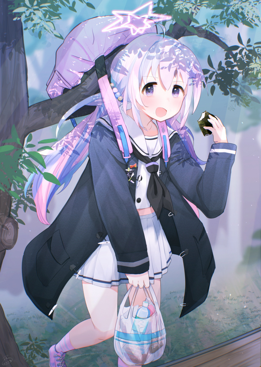 1girl :d ahoge backpack badge bag bangs black_coat black_neckerchief blue_archive blue_hair blush bottle coat food grey_serafuku hair_bobbles hair_ornament halo hanging_from_tree highres holding holding_bag holding_food light_rays long_sleeves looking_at_viewer low_twintails midriff_peek multicolored_hair neckerchief nishi_yasuaki onigiri outdoors pin pink_bag pink_footwear pink_hair plant plastic_bag pleated_skirt purple_eyes reisa_(blue_archive) school_uniform serafuku shoes skirt smile sneakers socks solo star_(symbol) star_hair_ornament star_halo striped striped_socks sunbeam sunlight tareme tree twintails two-tone_hair water_bottle