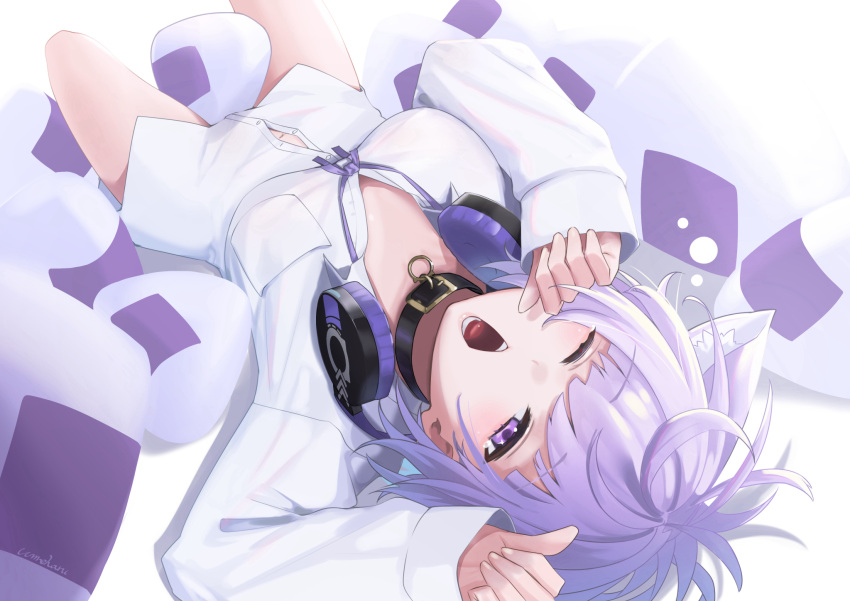 1girl bangs black_collar blunt_bangs bob-the-bison button_gap cat_girl collar collared_shirt dress_shirt headphones headphones_around_neck highres hololive messy_hair neck_ribbon nekomata_okayu no_pants one_eye_closed open_mouth purple_eyes purple_ribbon ribbon shirt short_hair upside-down virtual_youtuber waking_up white_shirt yawning