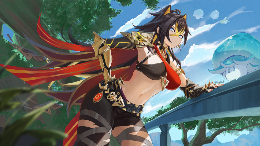 1girl a.h. armor bangs belt black_belt black_hair black_shorts blonde_hair blue_eyes blue_sky breasts cloud commentary cowboy_shot criss-cross_halter day dehya_(genshin_impact) fungi_(genshin_impact) genshin_impact hair_between_eyes halterneck hand_up highres large_breasts long_hair looking_at_viewer midriff multicolored_hair navel pointy_hair short_shorts shorts shoulder_armor sky smile solo standing stomach streaked_hair thighs tree vambraces very_long_hair