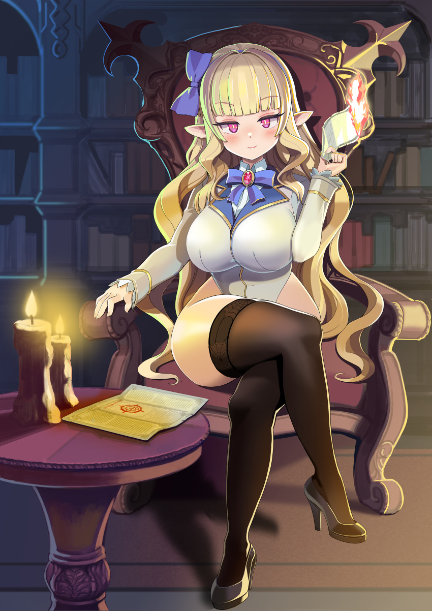 1girl absurdres arm_rest bangs black_footwear black_thighhighs blonde_hair blue_bow blunt_bangs bookshelf bow breasts candle chair closed_mouth commentary_request commission crossed_legs dot_nose fire full_body gem hair_bow hand_up high_heels highleg highleg_leotard highres indoor large_breasts leotard letter long_hair long_sleeves looking_at_viewer original pointy_ears red_eyes scvready shadow sitting smile solo thighhighs thighs v-shaped_eyebrows white_leotard white_sleeves
