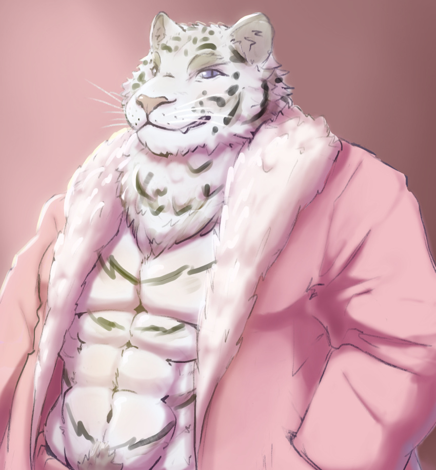 abs absurd_res anthro big_muscles blue_eyes body_hair bottomwear clothing felid fur hand_in_pocket hi_res looking_at_viewer male mammal muscular muscular_anthro muscular_male navel nyankyun540 overcoat pantherine pecs pink_clothing pockets pubes simple_background smile smirk solo solo_focus stripes teeth tiger topwear white_body white_fur
