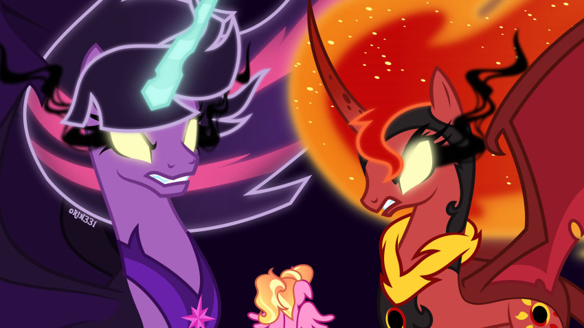 absurd_res bat_wings equestria_girls equid equine eye_mist fire flaming_hair friendship_is_magic glowing glowing_eyes hasbro hi_res horn luster_dawn_(mlp) mammal membrane_(anatomy) membranous_wings midnight_sparkle_(eg) my_little_pony orin331 pseudo_hair sunset_shimmer_(eg) twilight_sparkle_(mlp) winged_unicorn wings yellow_eyes