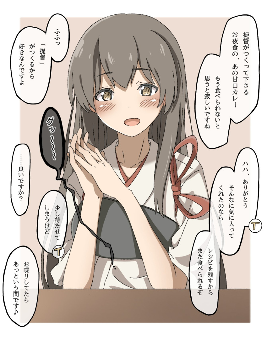 1girl akagi_(kancolle) brown_eyes brown_hair commentary_request highres hungry japanese_clothes kantai_collection kirisaki_seeker looking_at_viewer muneate own_hands_together solo stomach_growling tasuki translation_request upper_body