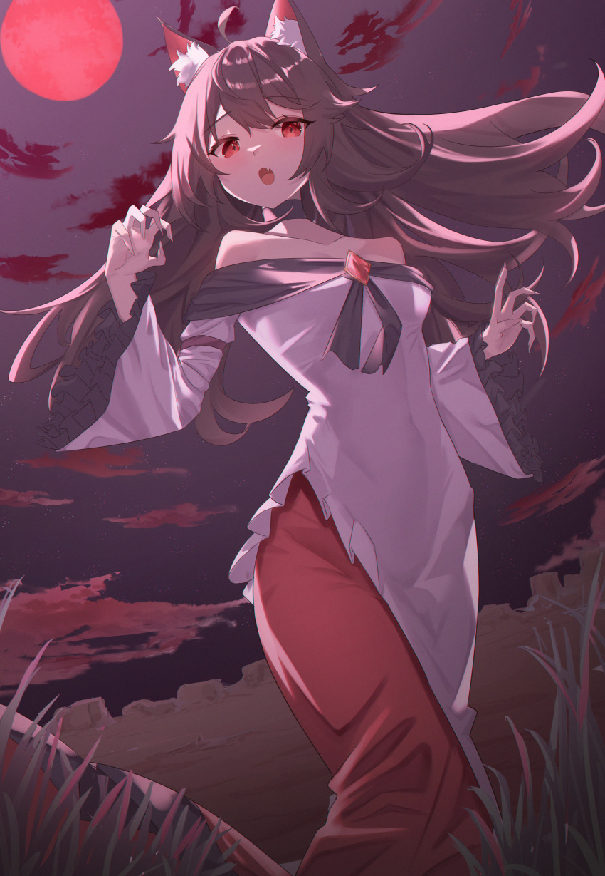 1girl absurdres animal_ears arms_up bangs bare_shoulders black_choker blush breasts brown_hair choker cloud cloudy_sky collarbone commentary_request crystal diamond_(shape) dress fang frills full_moon gradient gradient_sky grass grey_dress hair_between_eyes hands_up highres imaizumi_kagerou jewelry long_hair long_sleeves lookhow looking_at_viewer medium_breasts moon night night_sky off-shoulder_dress off_shoulder open_mouth outdoors purple_sky red_dress red_eyes red_moon sky solo standing star_(sky) starry_sky tail tongue touhou wide_sleeves wolf_ears wolf_tail