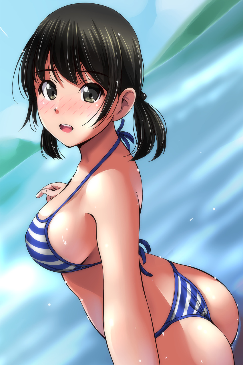 1girl absurdres ass bangs bare_shoulders bikini black_hair blue_bikini blue_sky blurry blurry_background blush breasts brown_eyes camera clear_sky day depth_of_field dutch_angle fingernails full-face_blush highres hill holding large_breasts looking_at_viewer matsunaga_kouyou ocean open_mouth original selfie short_twintails sky smile solo standing striped striped_bikini sunlight swimsuit teeth twintails upper_teeth wedgie white_bikini