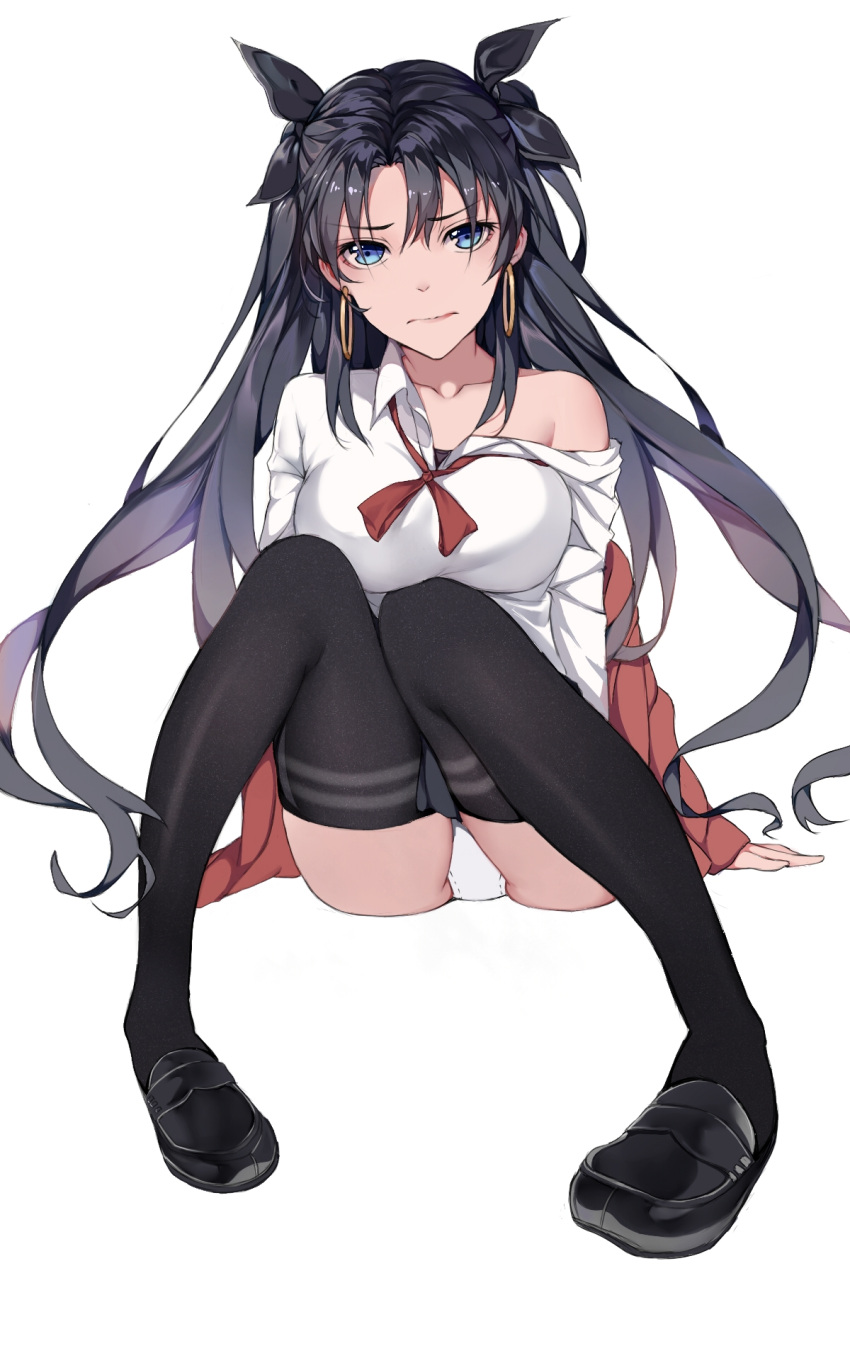 1girl bangs black_bow black_footwear black_hair black_thighhighs blue_eyes bow breasts closed_mouth collarbone collared_shirt earrings fate/grand_order fate_(series) floating_hair hair_between_eyes hair_bow highres ishtar_(fate) jewelry lanzero long_hair long_sleeves medium_breasts off_shoulder panties school_uniform shiny shiny_hair shirt simple_background sitting solo thighhighs twintails underwear very_long_hair white_background white_panties white_shirt wing_collar