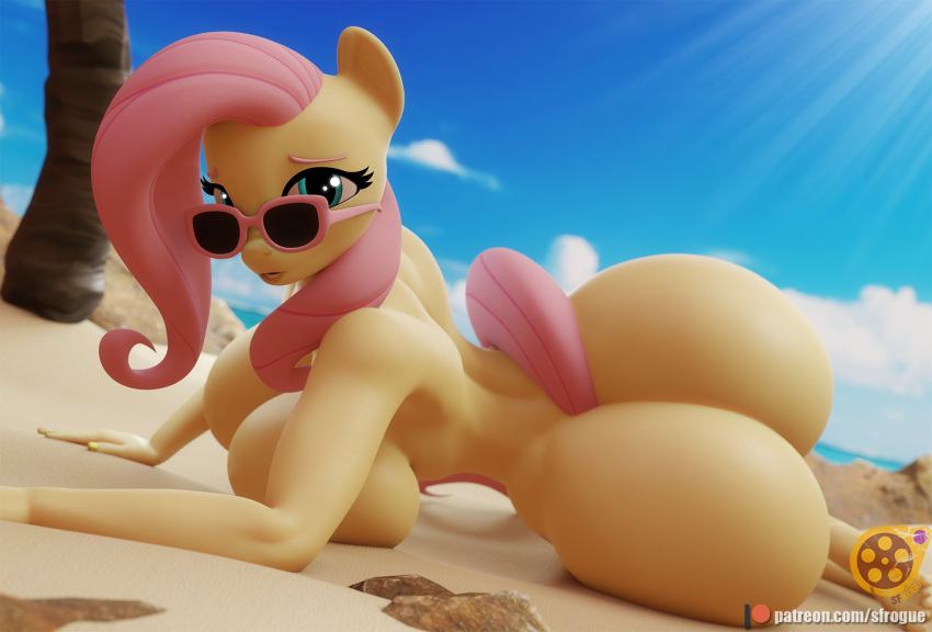 3d_(artwork) anthro anthrofied beach big_breasts big_butt breasts butt digital_media_(artwork) equid equine female fluttershy_(mlp) friendship_is_magic hi_res huge_butt mammal my_little_pony nude seaside sfrogue solo